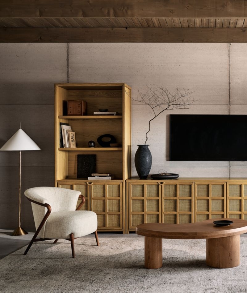 Campagna 93" Rattan and Natural Oak Wood 3-Shelf Storage Bookcase Cabinet - Image 1