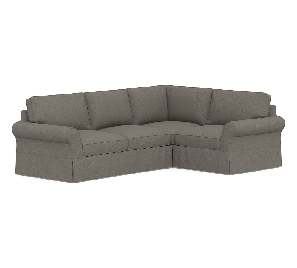 PB Comfort Roll Arm Slipcovered Left Arm 3-Piece Corner Sectional, Box Edge, Down Blend Wrapped Cushions, Chunky Basketweave Metal - Image 0