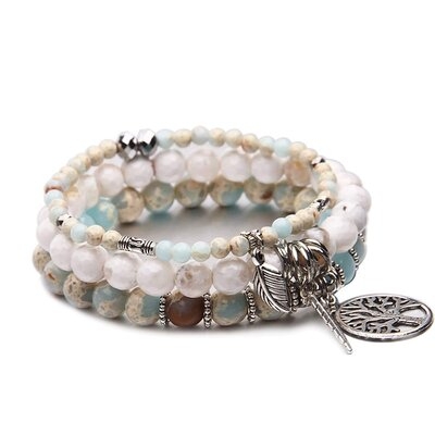 Tree Of Life Turquoise Jasper & Tibetan Agate Gemstone Chakra Beaded Bracelet | Beach Charm Bracelet Set - Ocean Jewelry… - Image 0