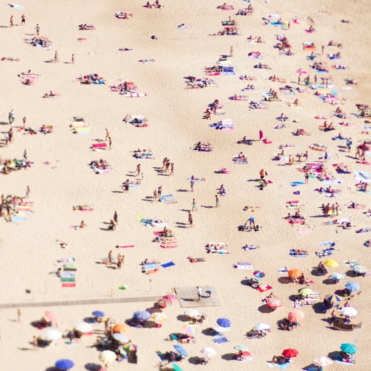 Aerial Beach Print - Colorful Umbrellas - Crowded Beach Photography By Ingrid Beddoes Framed Art Print by Ingrid Beddoes Photography - Conservation Walnut - Medium(Gallery) 18" x 24"-20x26 - Image 1