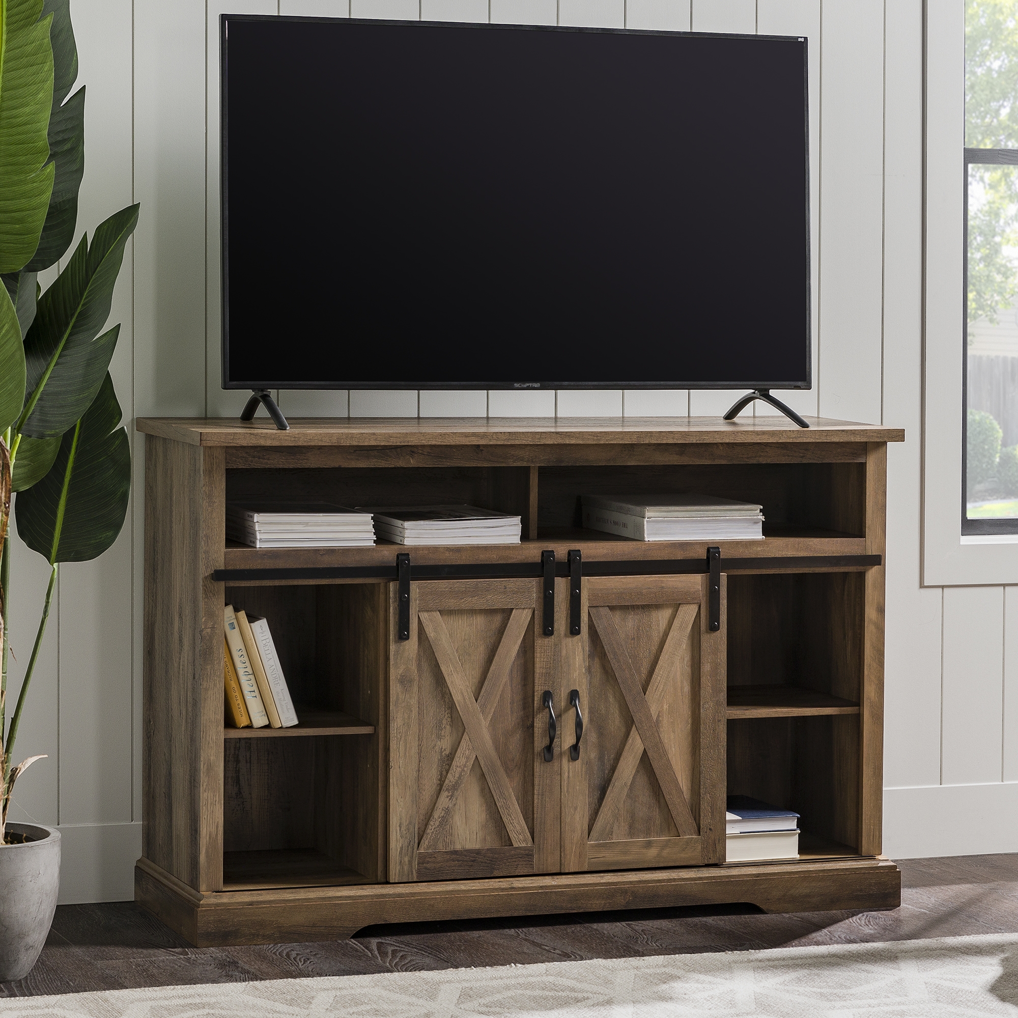52" Sliding Barn Door Highboy Modern Farmhouse TV Stand - Rustic Oak  - Image 2