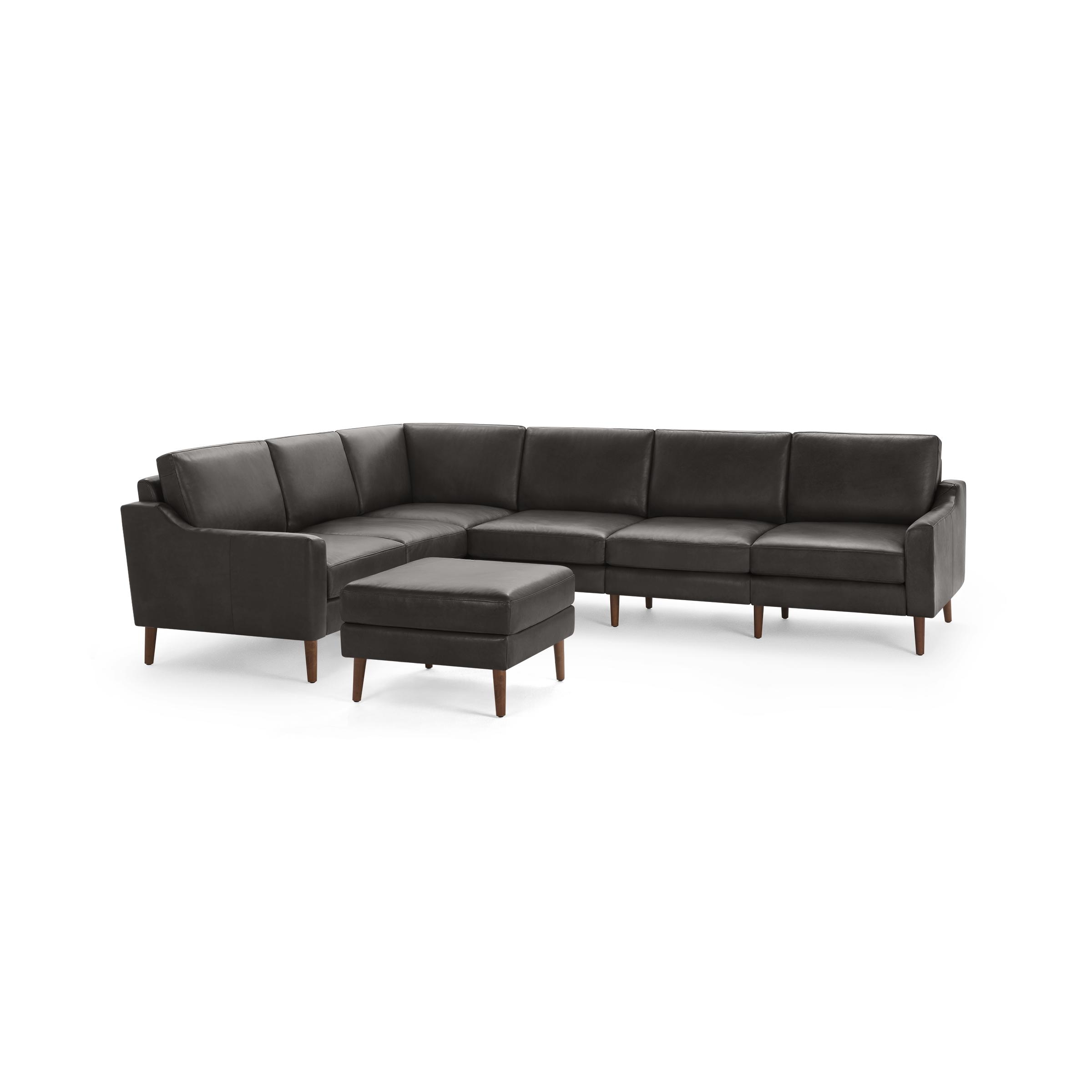 Nomad Leather 6-Seat Corner Sectional with Ottoman - Slate - Top Grain Leather / Walnut - Wood / Slope - Image 0
