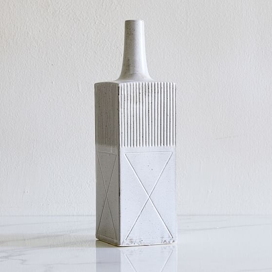 Textured Linework Vases, Tall Rectangle, White &amp; Natural - Image 0