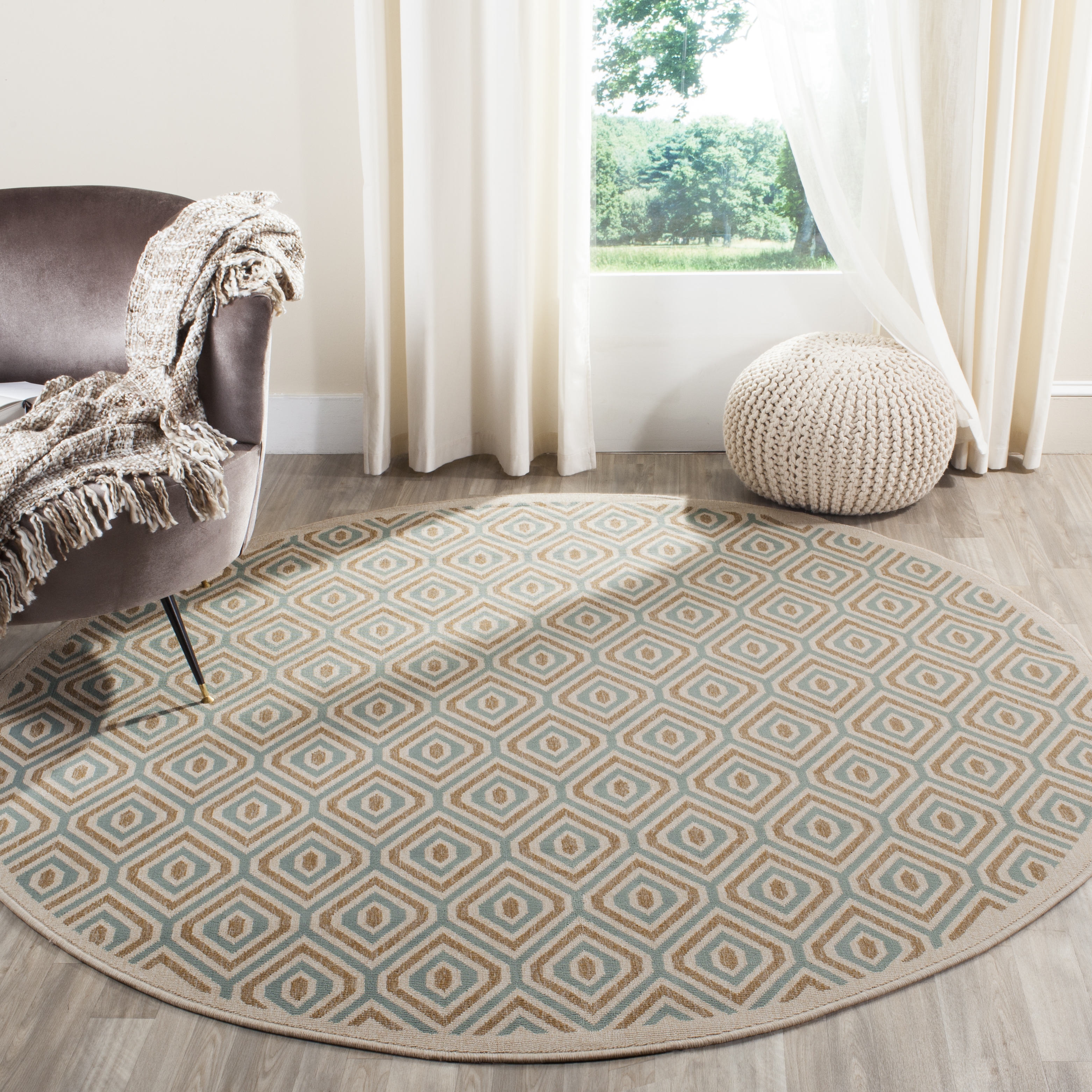 Arlo Home Indoor/Outdoor Woven Area Rug, VER003-0213, Cream/Aqua,  6' 7" X 6' 7" Round - Image 1