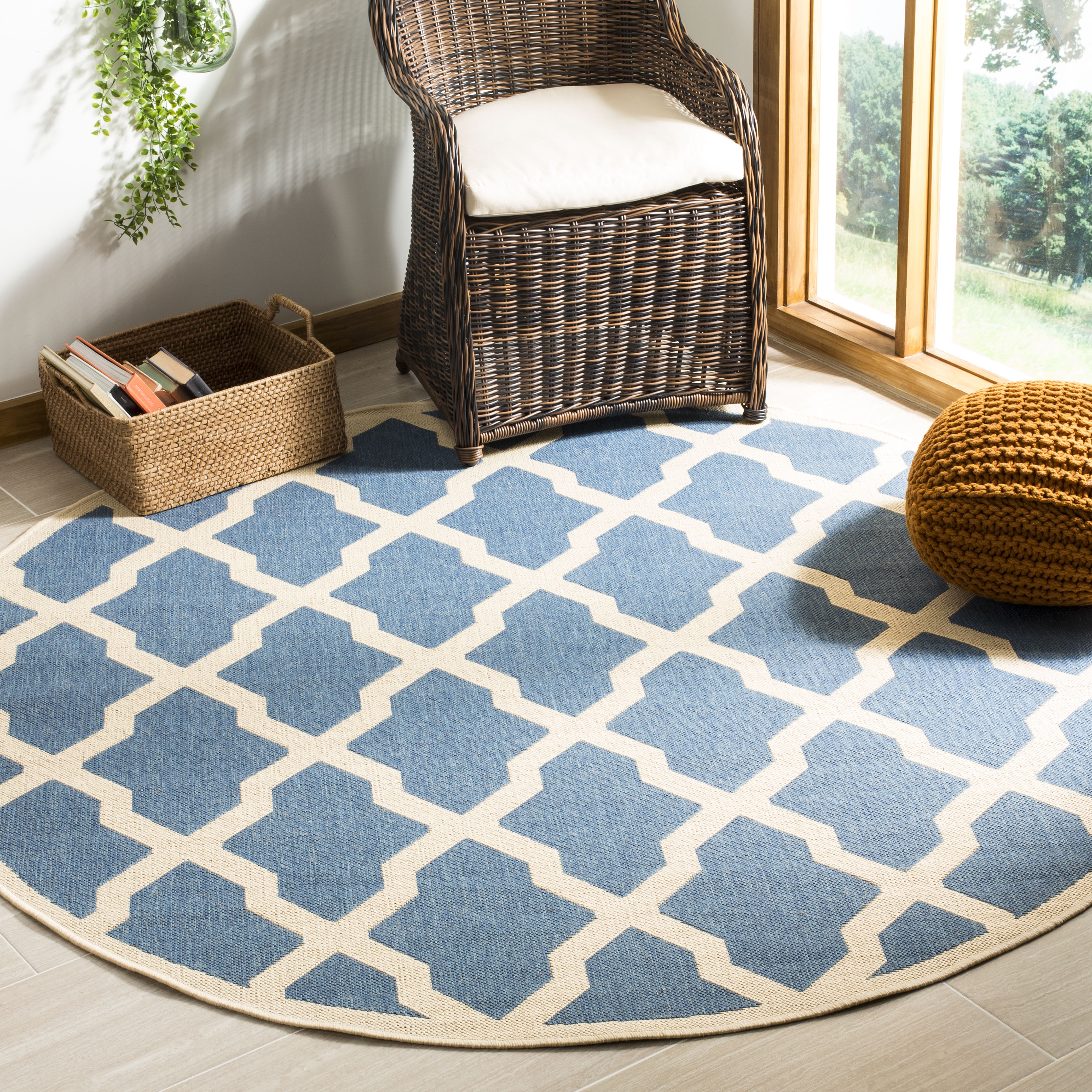 Arlo Home Indoor/Outdoor Woven Area Rug, LND122M, Blue/Cream,  6' 7" X 6' 7" Round - Image 1