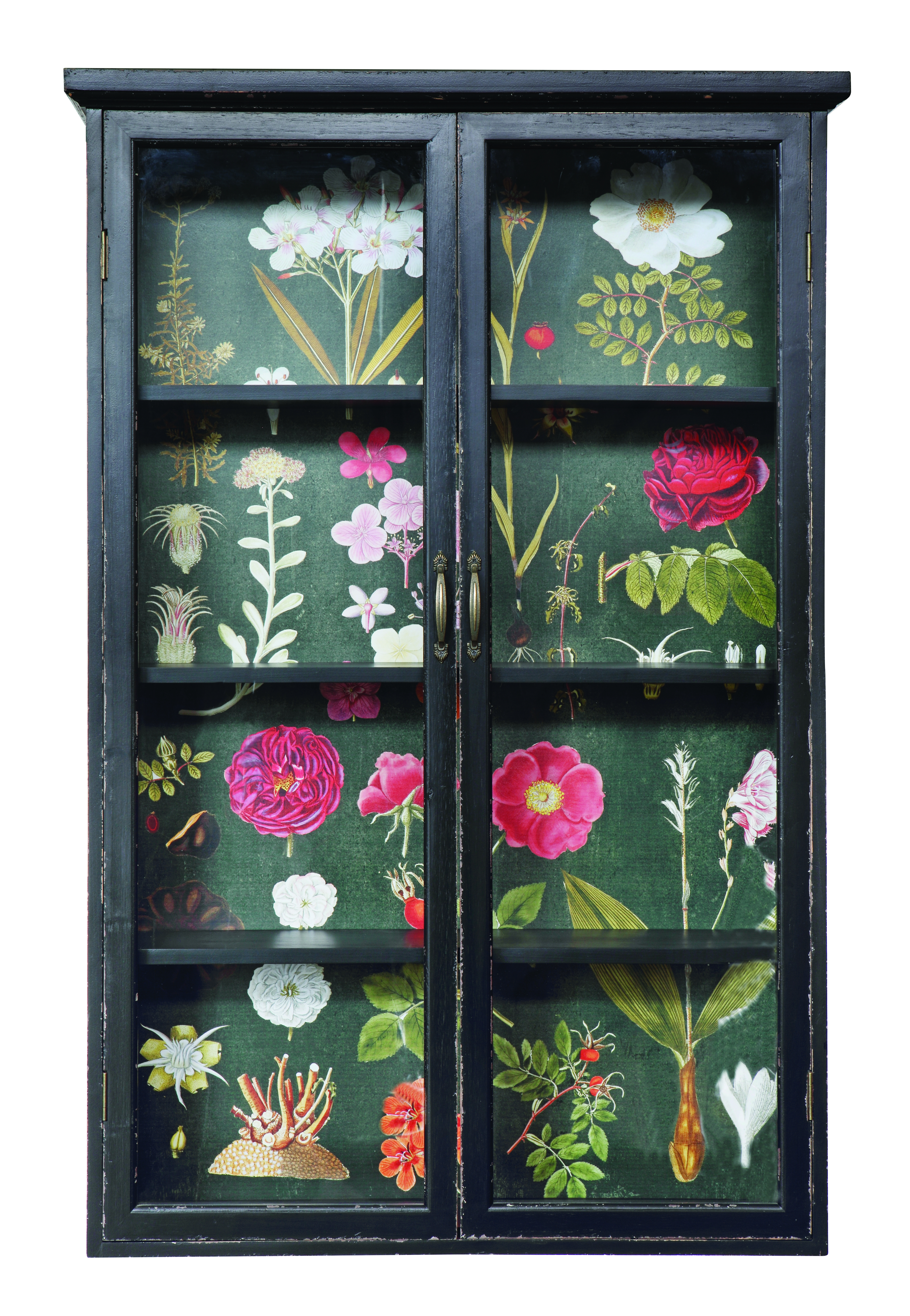 Black Wood Cabinet with Floral Papered Back - Image 0