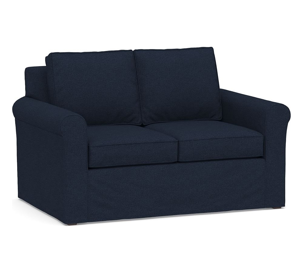Cameron Roll Arm Slipcovered Deep Seat Loveseat 2-Seater 63", Polyester Wrapped Cushions, Performance Heathered Basketweave Navy - Image 0