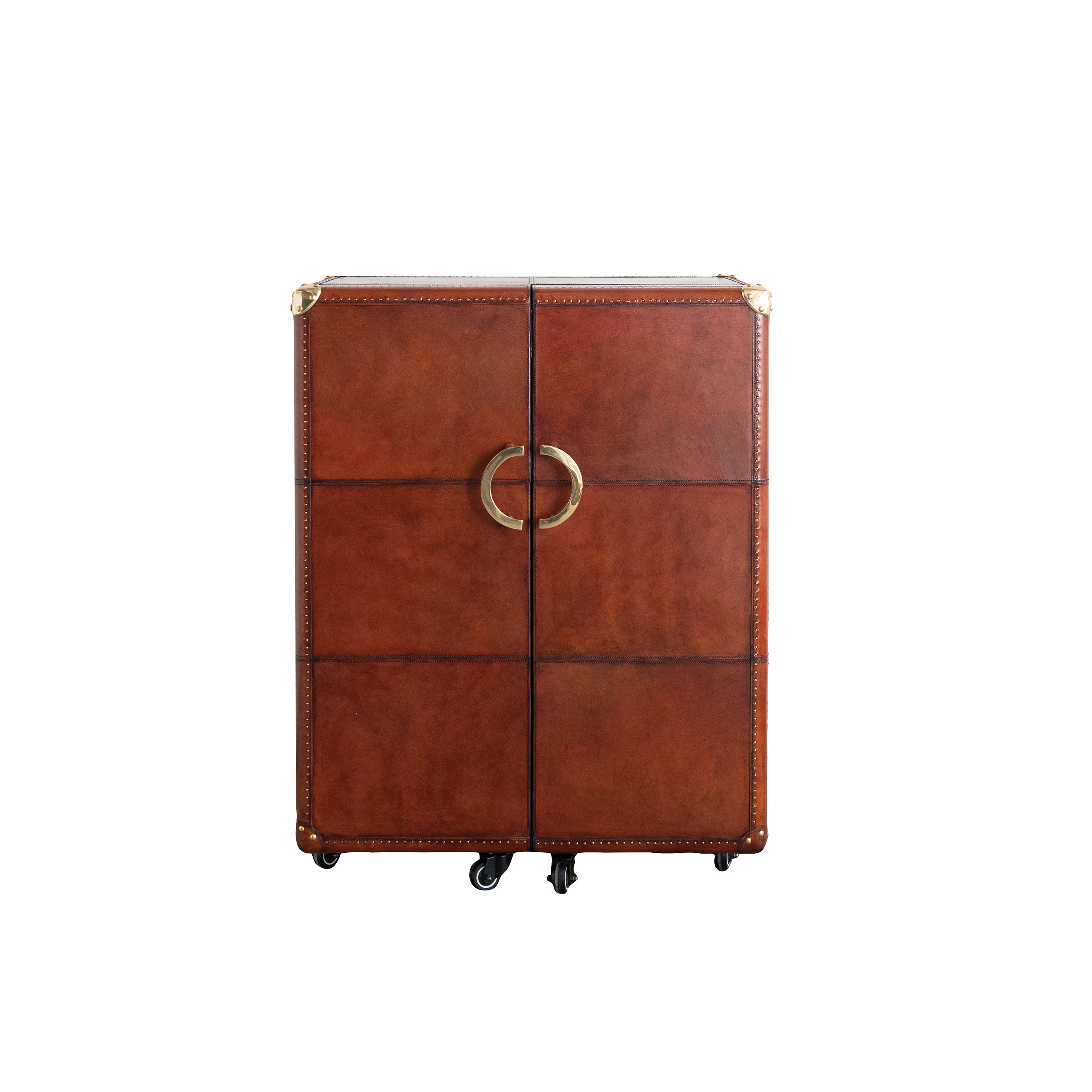 Reclaimed Wood and Leather Bar Cabinet on Caster Wheels with Flocked Interior, Cognac Color - Image 0