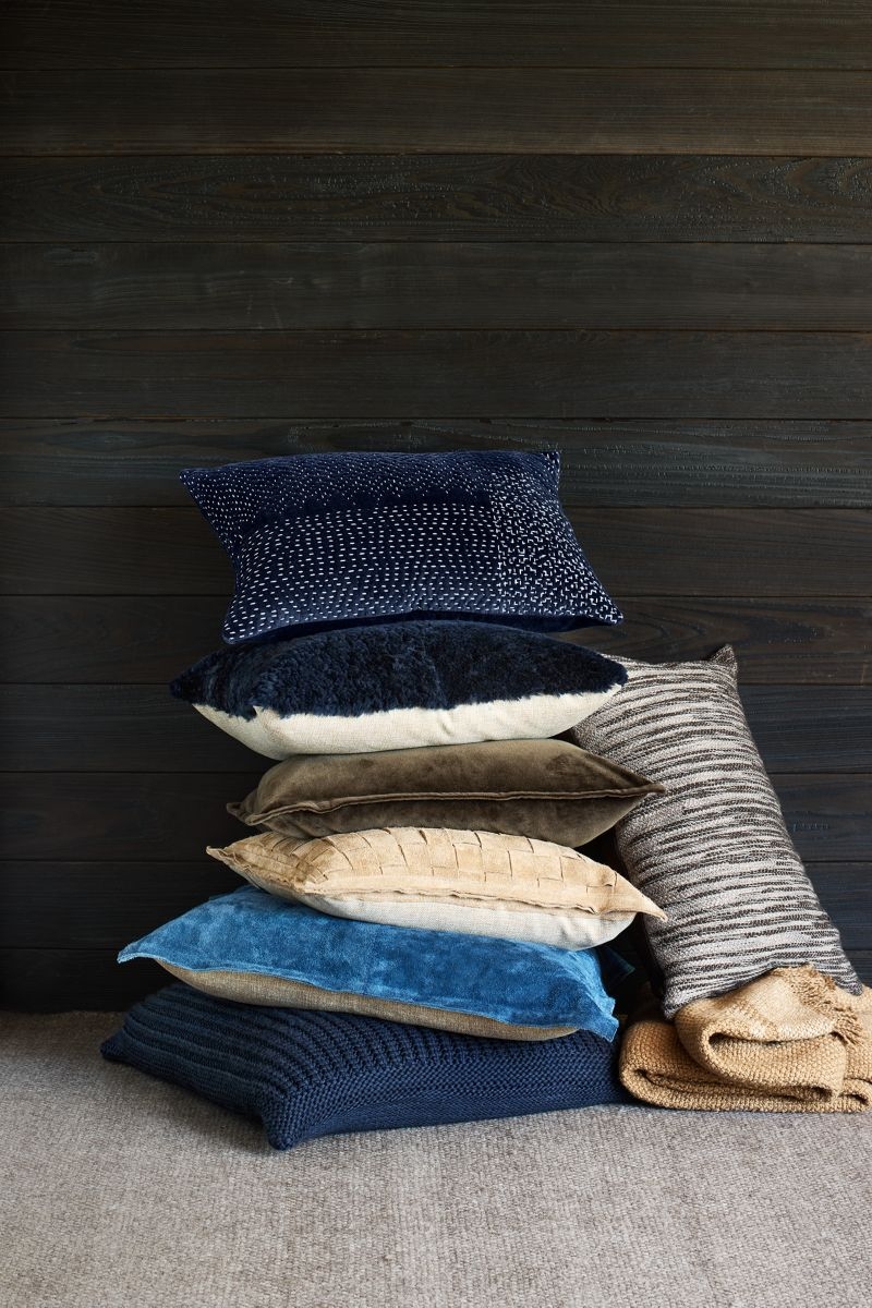 Sashiko Organic Cotton Velvet 22x15 Deep Indigo Blue Throw Pillow with Down-Alternative Insert - Image 1