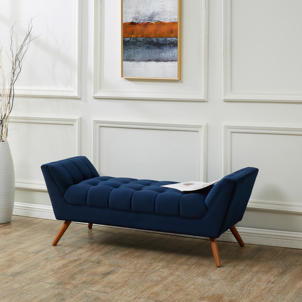 Damian Tufted Bench - Navy / Dark Brown - Image 1