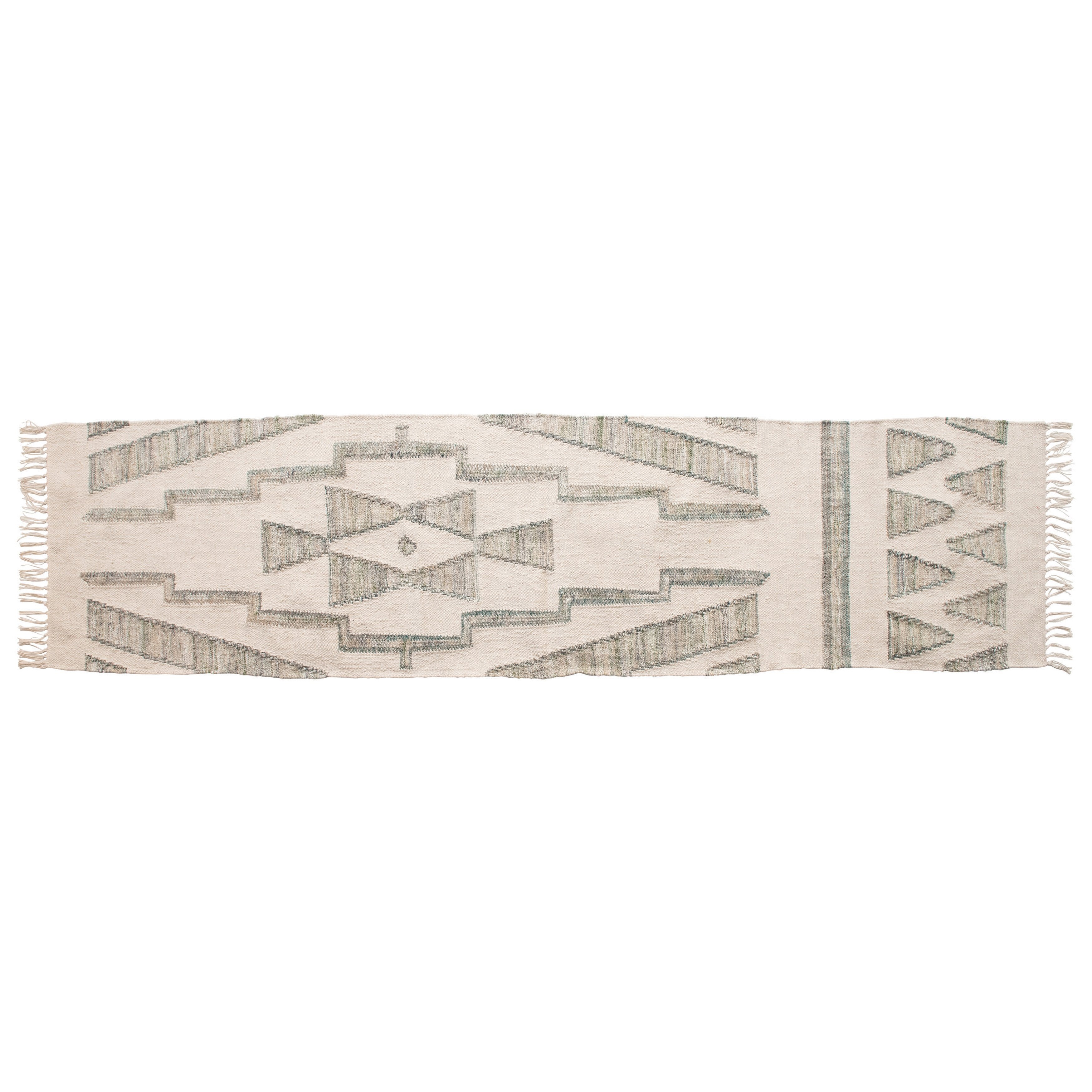 Hand-Woven Cotton & Wool Kilim Floor Runner, Variegated Green & Cream Color - Image 0