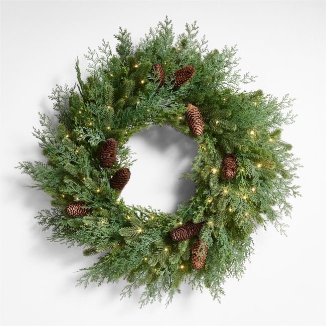Faux Pinecone and Cedar Pre-Lit Holiday Wreath 28" - Image 0