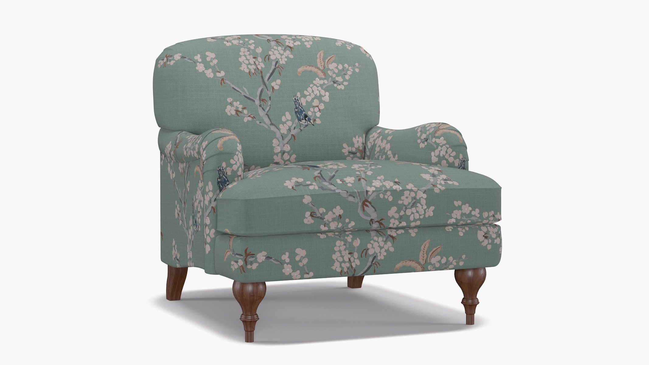 English Roll Arm Chair, Mint Cherry Blossom, Walnut Turned Wood Leg - Image 1