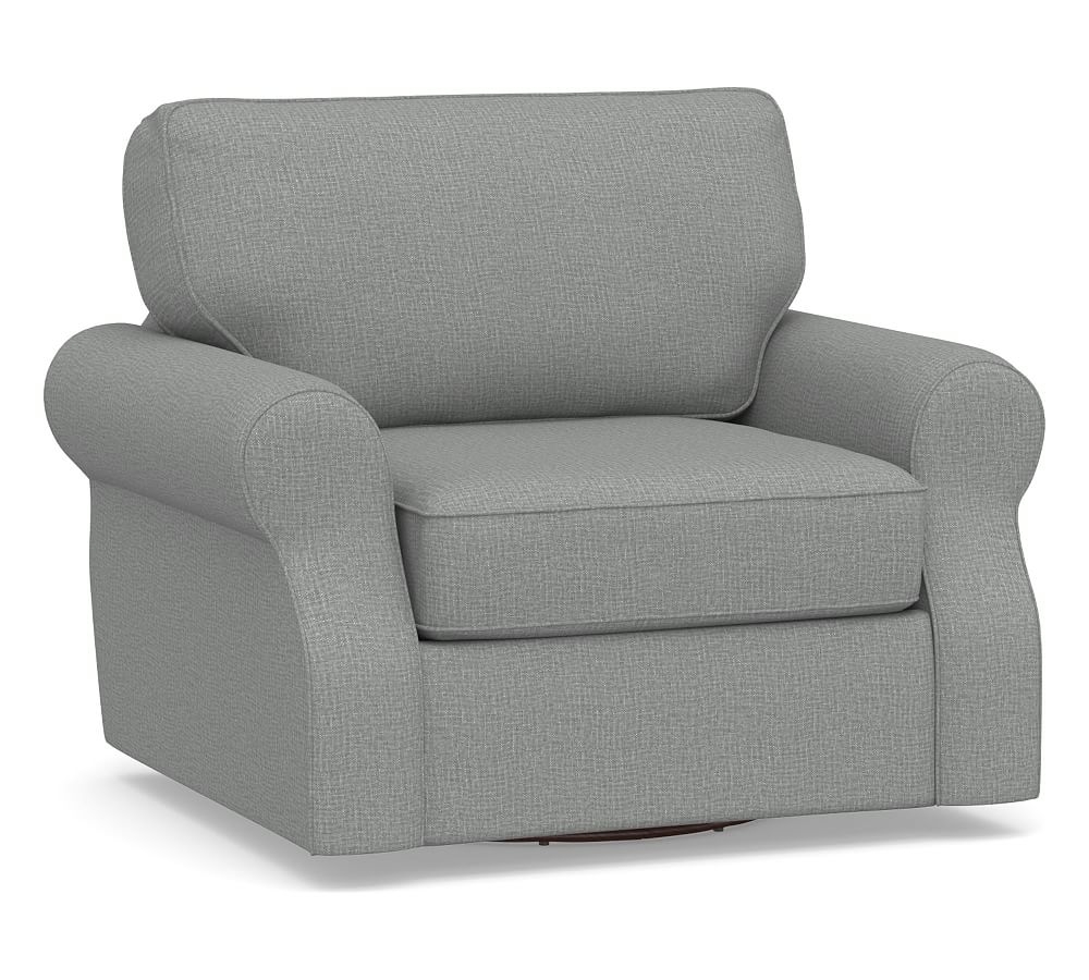 SoMa Fremont Roll Arm Upholstered Swivel Armchair, Polyester Wrapped Cushions, Performance Brushed Basketweave Chambray - Image 0