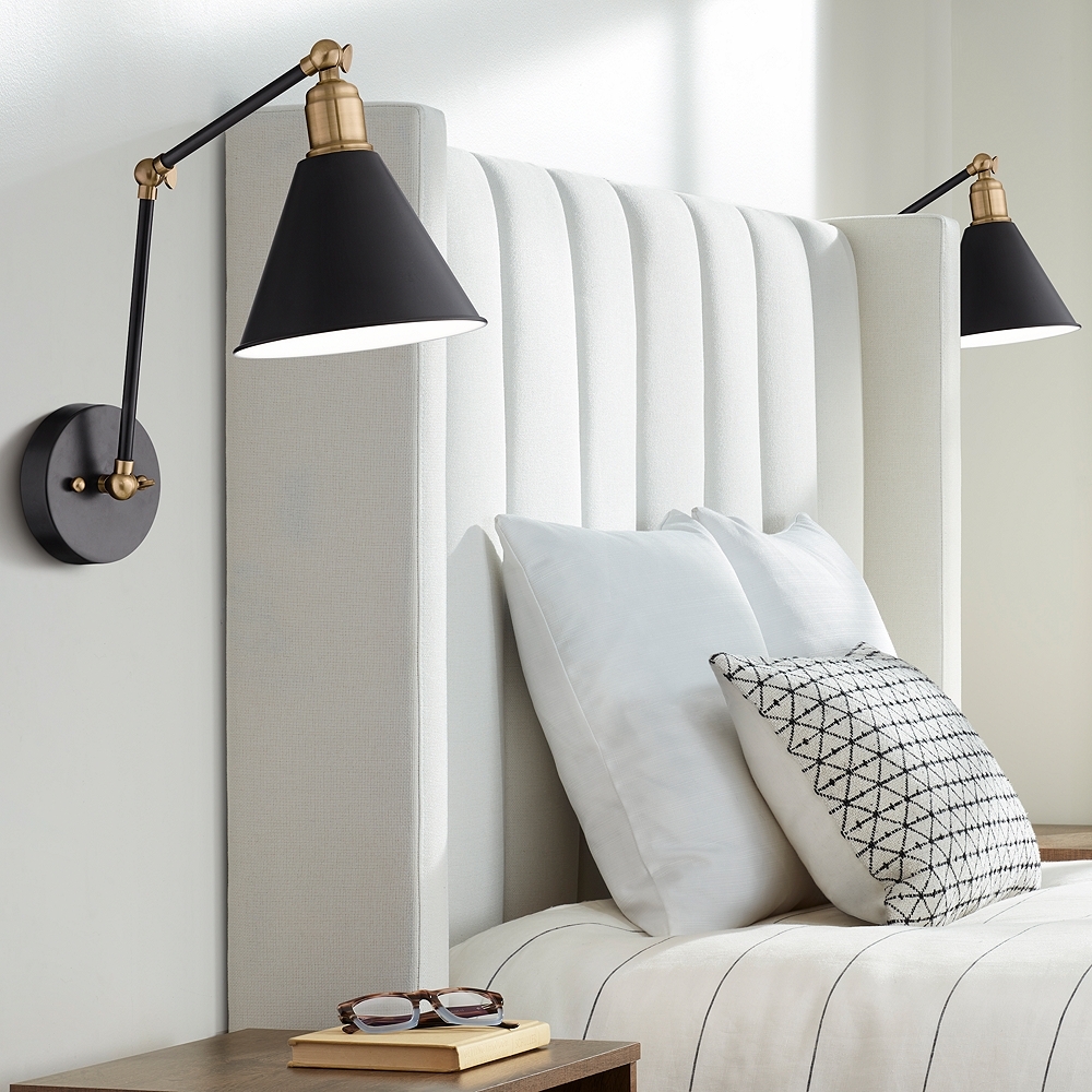 360 Lighting Wray Black and Antique Brass Hardwire Wall Lamps Set of 2 - Image 0