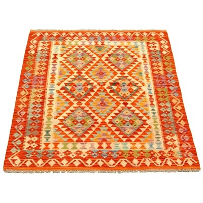 One-of-a-Kind Hand-Knotted New Age 4'3" x 6'3" Wool Area Rug in Ivory/Red - Image 0
