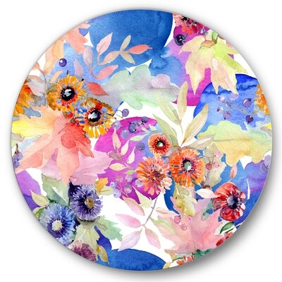 Vibrant Wild Spring Leaves And Wildflowers IV - Modern Metal Circle Wall Art - Image 0