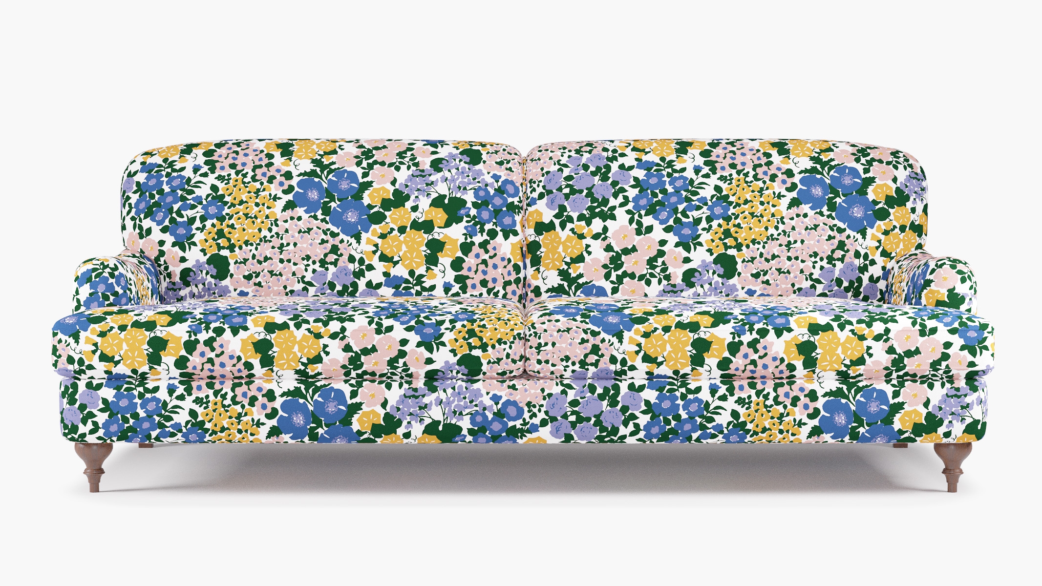 English Roll Arm Sofa, Lavender Million Flowers, Walnut Turned Wood Leg - Image 0