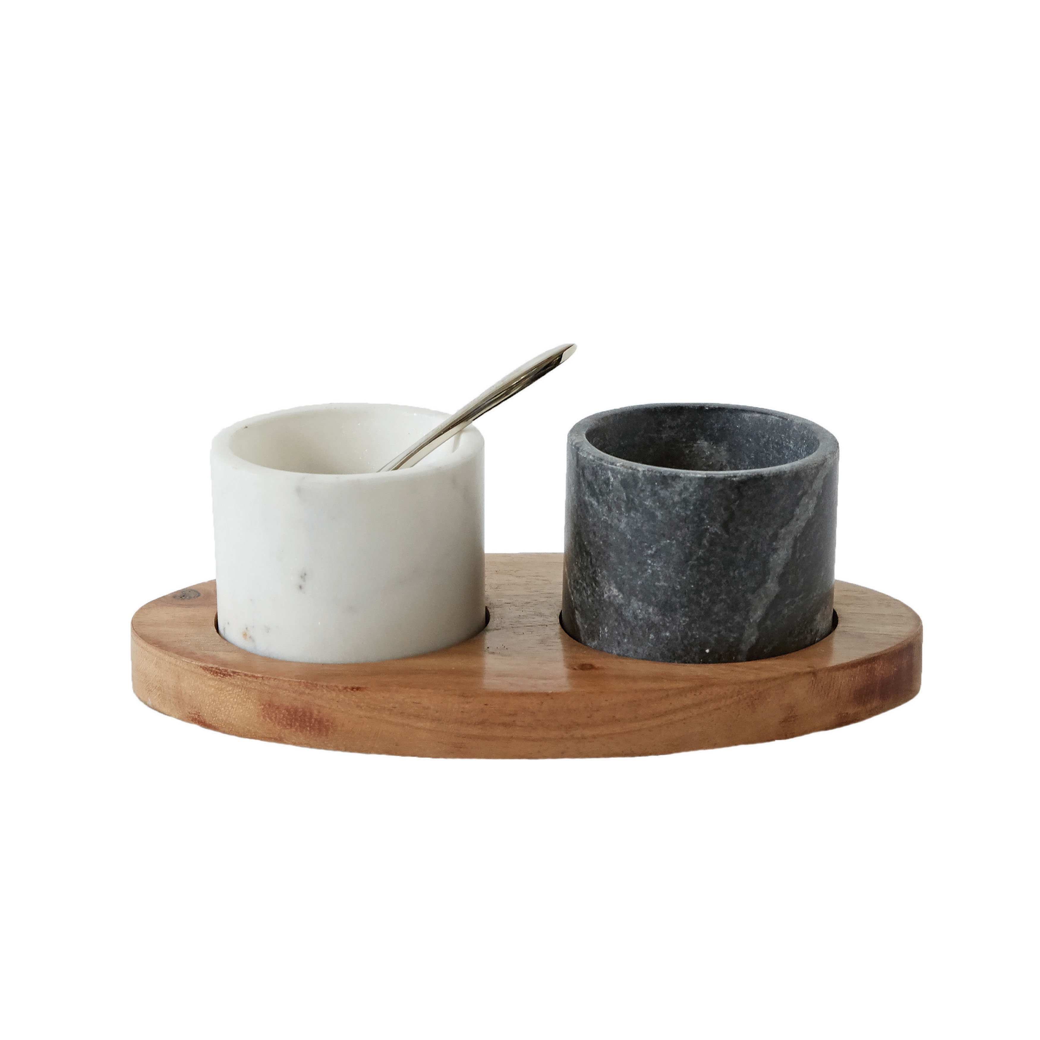 Marble Bowls on Mango Wood Tray with Brass Salt Spoon (Set of 4 Pieces) - Image 0