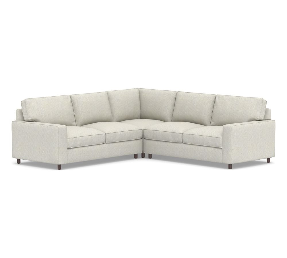 PB Comfort Square Arm Upholstered 3-Piece L-Shaped Corner Sectional, Box Edge, Down Blend Wrapped Cushions, Performance Heathered Basketweave Dove - Image 0