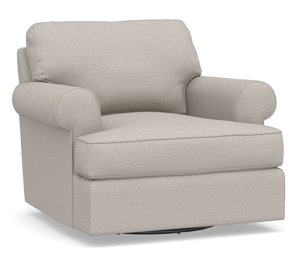 Townsend Roll Arm Upholstered Swivel Armchair, Polyester Wrapped Cushions, Chunky Basketweave Stone - Image 0