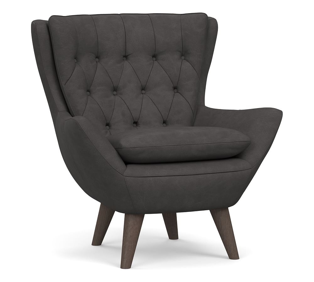 Wells Leather Petite Armchair, Polyester Wrapped Cushions, Performance Carbon - Image 0