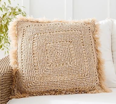 Faux Natural Fiber Crochet Fringe Indoor/Outdoor Pillow , 20 x 20", Natural - Image 0