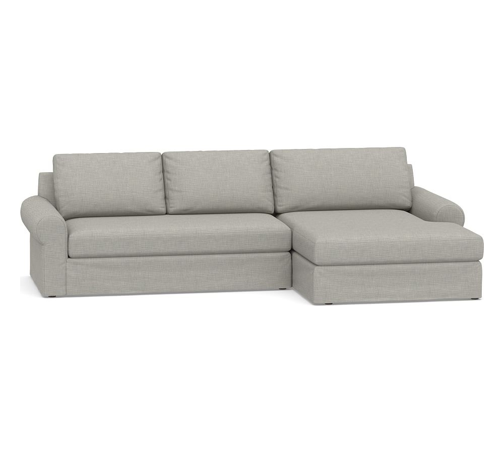 Big Sur Roll Arm Slipcovered Left Arm Loveseat with Double Chaise Sectional and Bench Cushion, Down Blend Wrapped Cushions, Premium Performance Basketweave Light Gray - Image 0