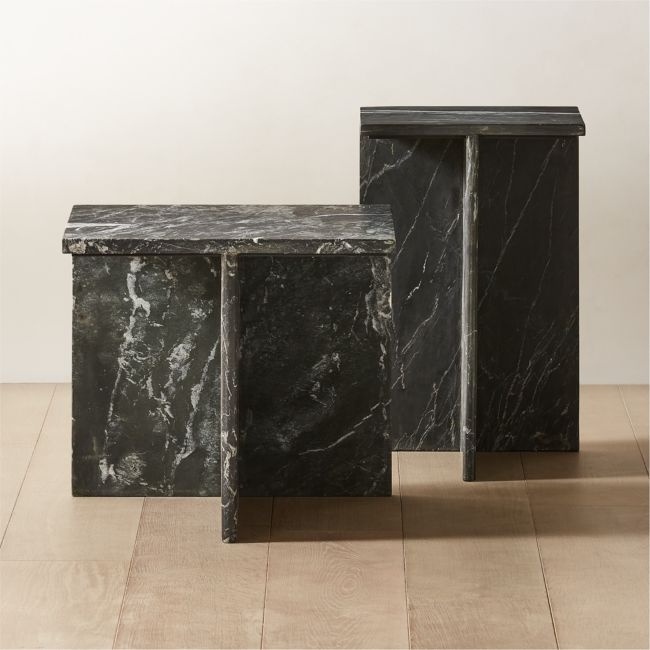 T Marble 2-Piece Black Marble Side Table Set - Image 0