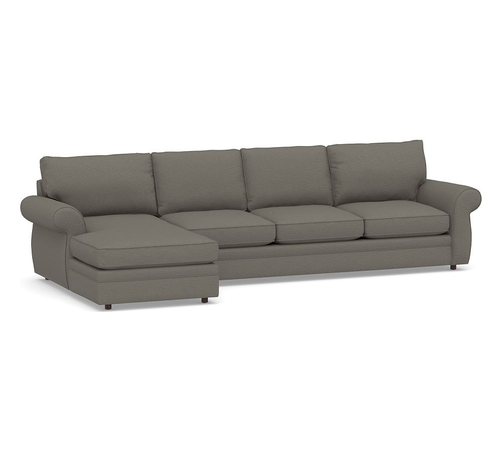 Pearce Roll Arm Upholstered Right Arm Sofa with Chaise Sectional, Down Blend Wrapped Cushions, Chunky Basketweave Metal - Image 0
