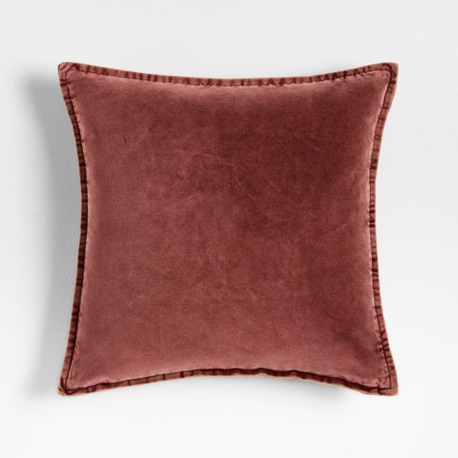 Relaxed Washed Organic Cotton Velvet 20x20 Chestnut Red Throw Pillow with Down-Alternative Insert - Image 0