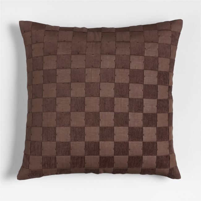 Tonal Checkerboard Organic Cotton Linen Blend 23"x23" Deep Brown Throw Pillow Cover - Image 0