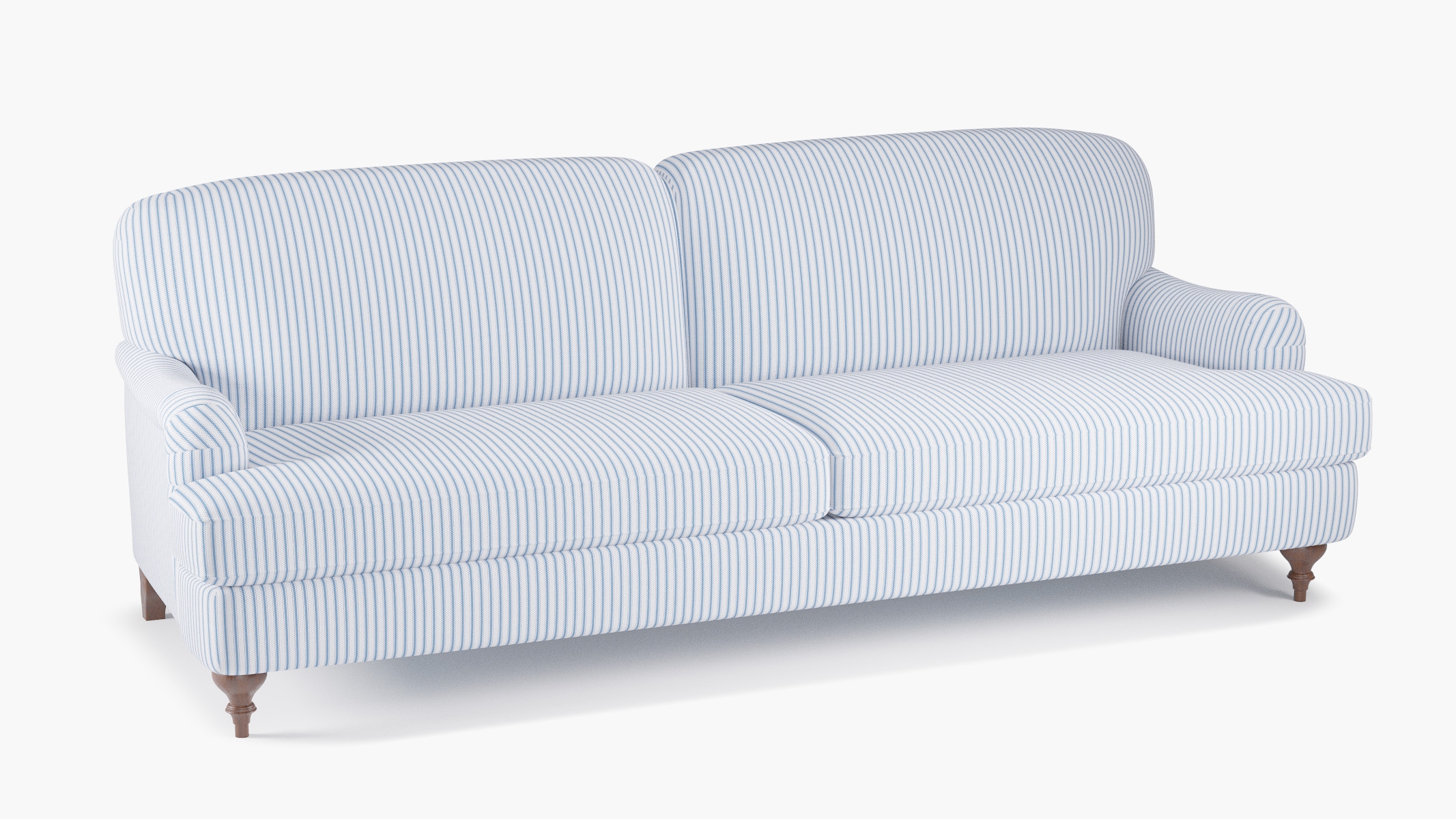 English Roll Arm Sofa, Cornflower Classic Ticking Stripe, Walnut Turned Wood Leg - Image 1