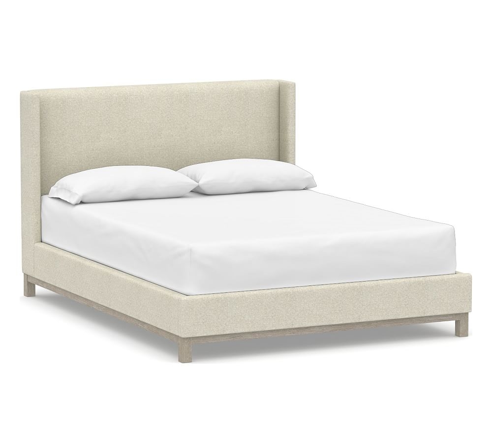 Jake Upholstered Bed, Tall Headboard 47"h with Gray Wash Frame, Full, Performance Heathered Basketweave Alabaster White - Image 0