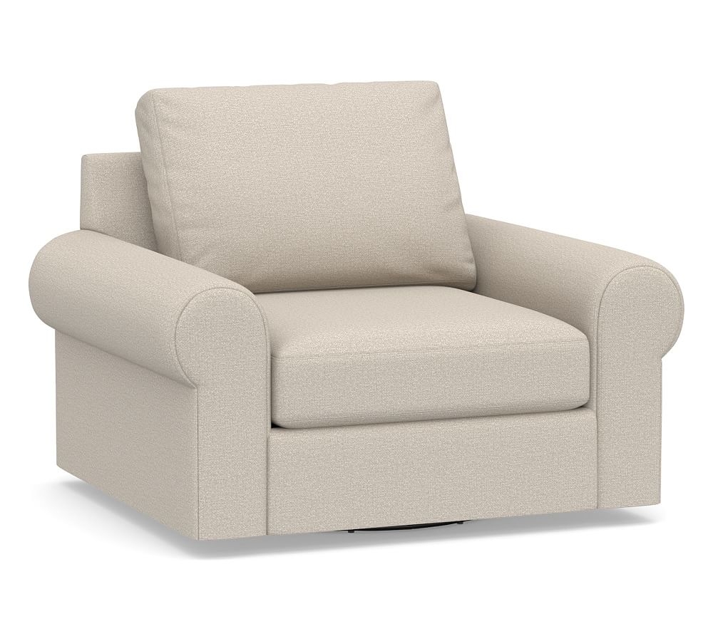 Big Sur Roll Arm Upholstered Swivel Armchair, Down Blend Wrapped Cushions, Performance Chateau Basketweave Oatmeal - Image 0