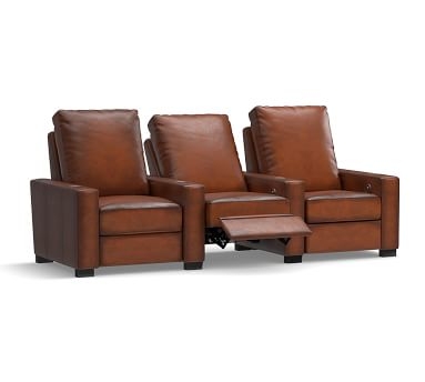 Turner Square Arm Leather Media 3-Piece Media Armchair Sectional, Down Blend Wrapped Cushions, Churchfield Ebony - Image 1
