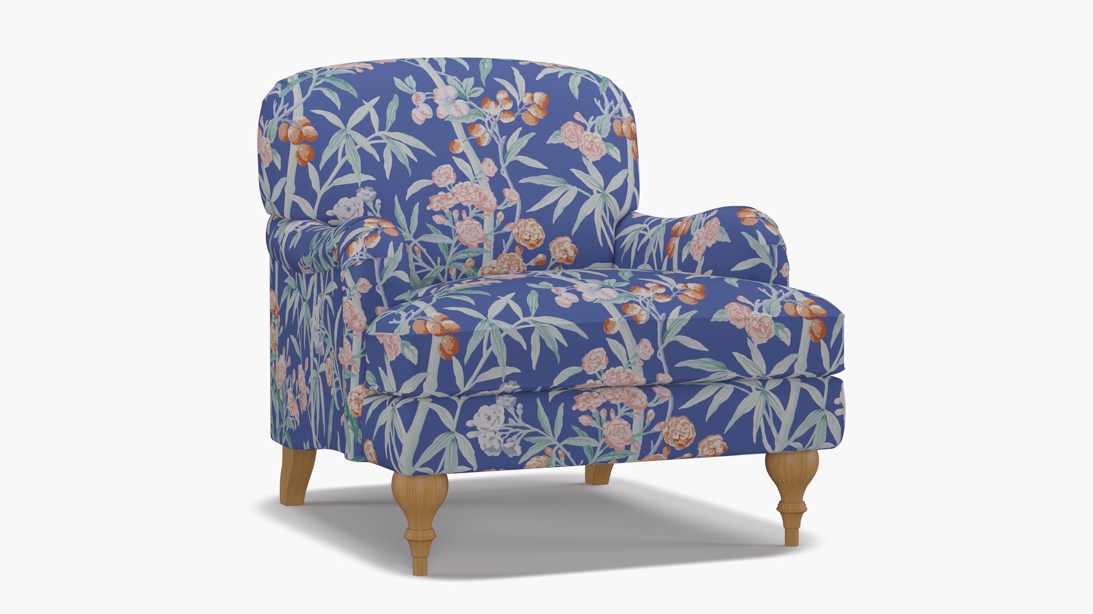 English Roll Arm Chair, Lapis Lanai, Natural Turned Wood Leg - Image 1