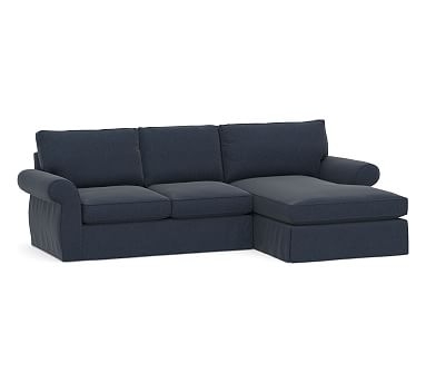 Pearce Roll Arm Slipcovered Left Arm Loveseat with Double Wide Chaise Sectional, Down Blend Wrapped Cushions, Sunbrella(R) Performance Chenille Indigo - Image 0