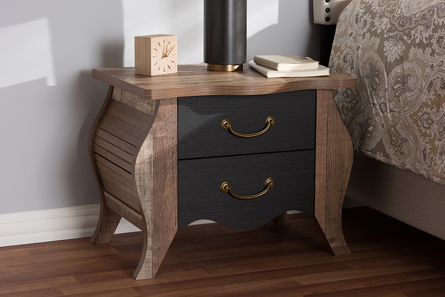 Romilly Country Cottage Farmhouse Black and Oak-Finished Wood 2-Drawer Nightstand - Image 0
