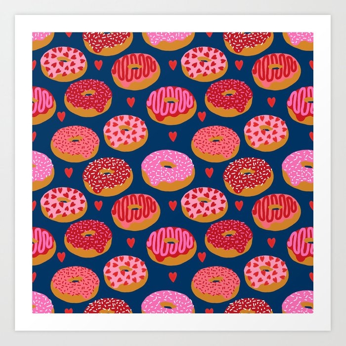 Pink And Red Donuts Hearts Love Valentines Day Cute Gifts For Foodie Art Print by Charlottewinter - X-Small - Image 0