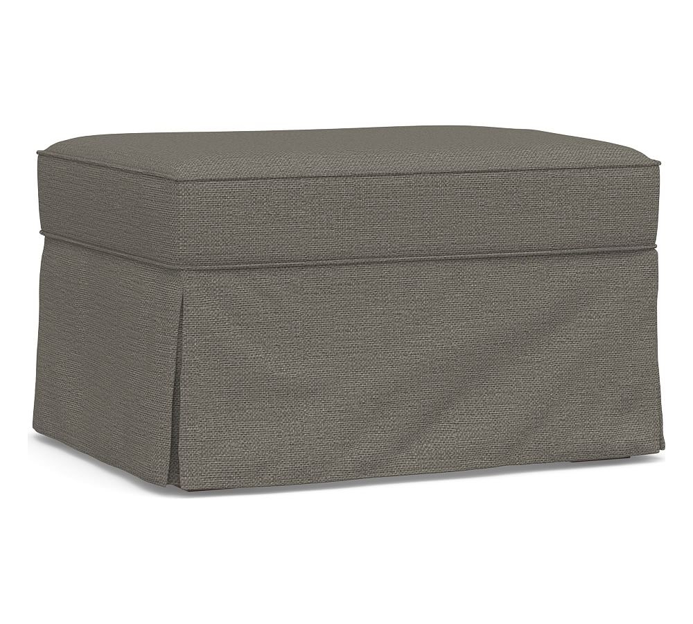 PB English Upholstered Ottoman, Polyester Wrapped Cushions, Chunky Basketweave Metal - Image 0