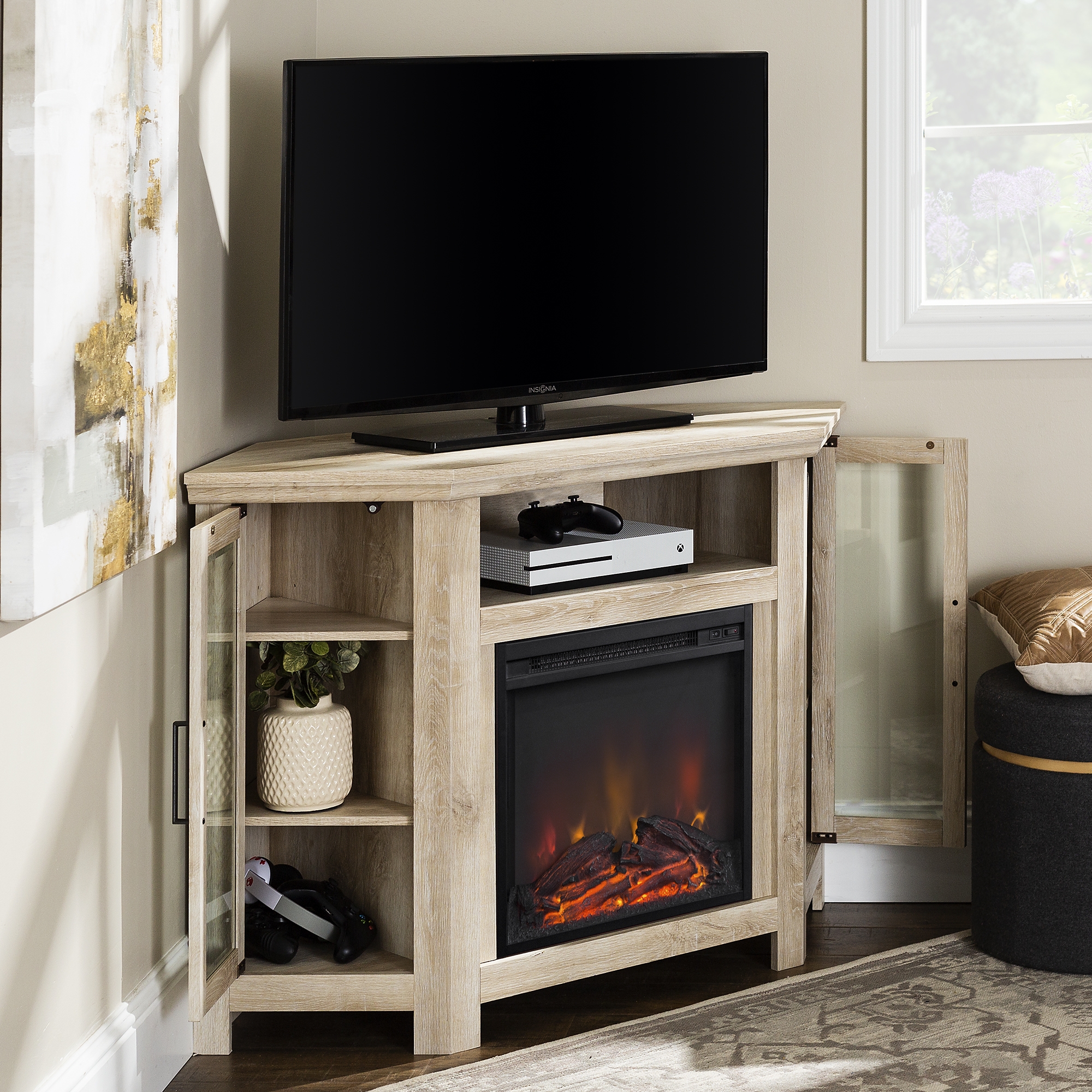 48" Wood Corner Fireplace TV Stand - White Oak - Image 3