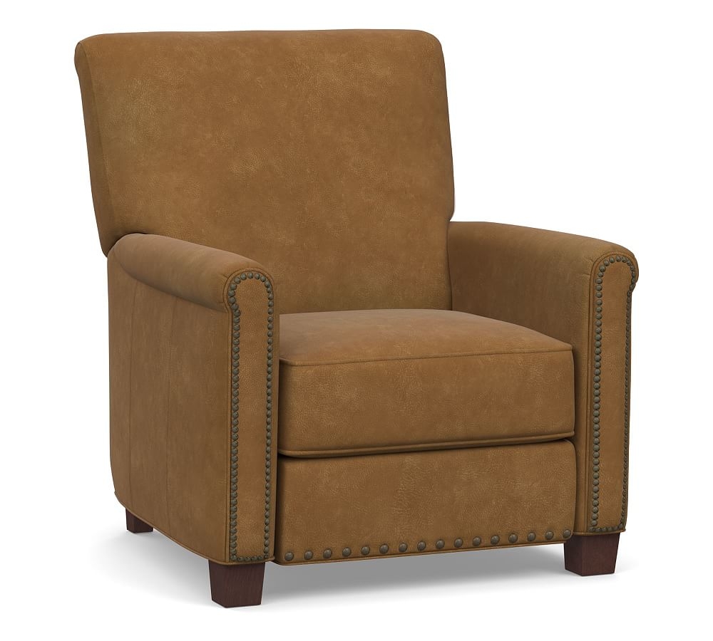 Irving Roll Arm Leather Power Recliner, Bronze Nailheads, Polyester Wrapped Cushions, Nubuck Camel - Image 0