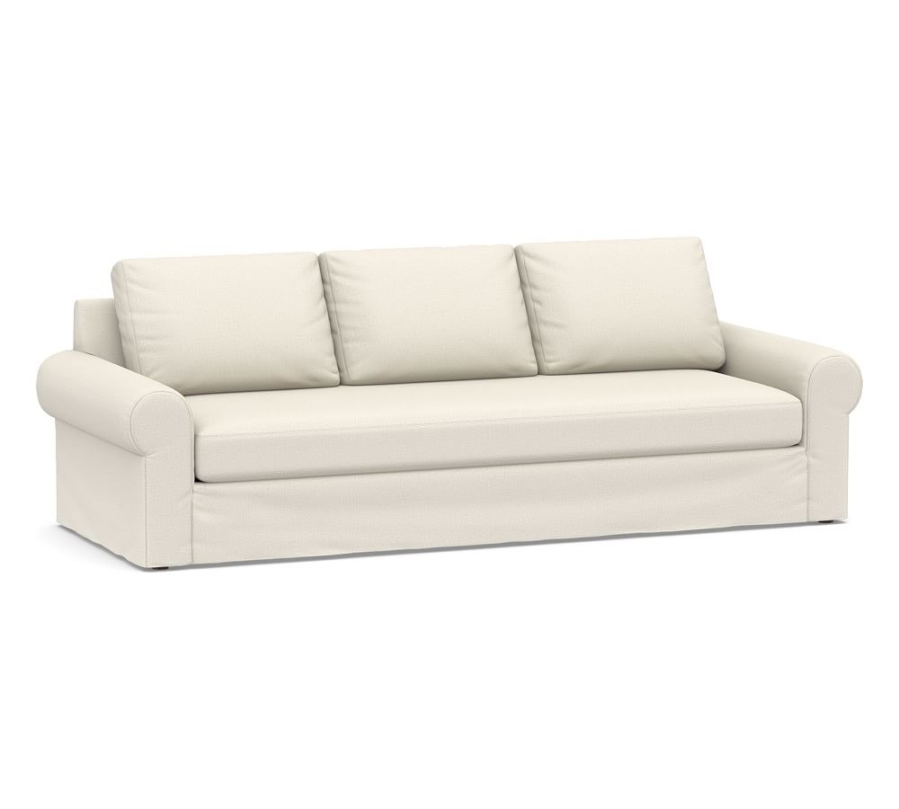 Big Sur Roll Arm Slipcovered Grand Sofa 106" with Bench Cushion, Down Blend Wrapped Cushions, Performance Heathered Tweed Ivory - Image 0
