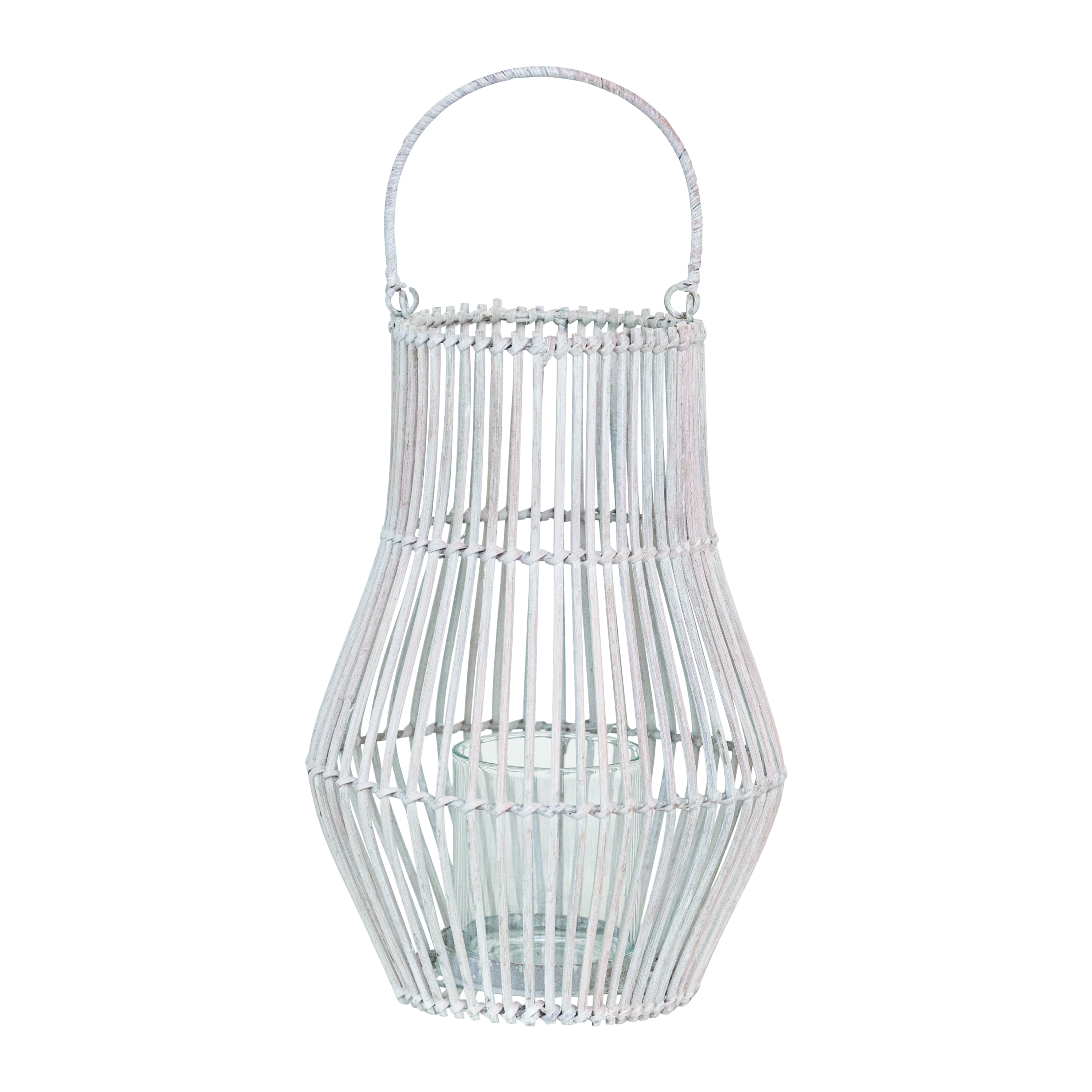 Round Hand-Woven Bamboo Lantern with Handle and Glass Insert, Whitewashed - Image 0