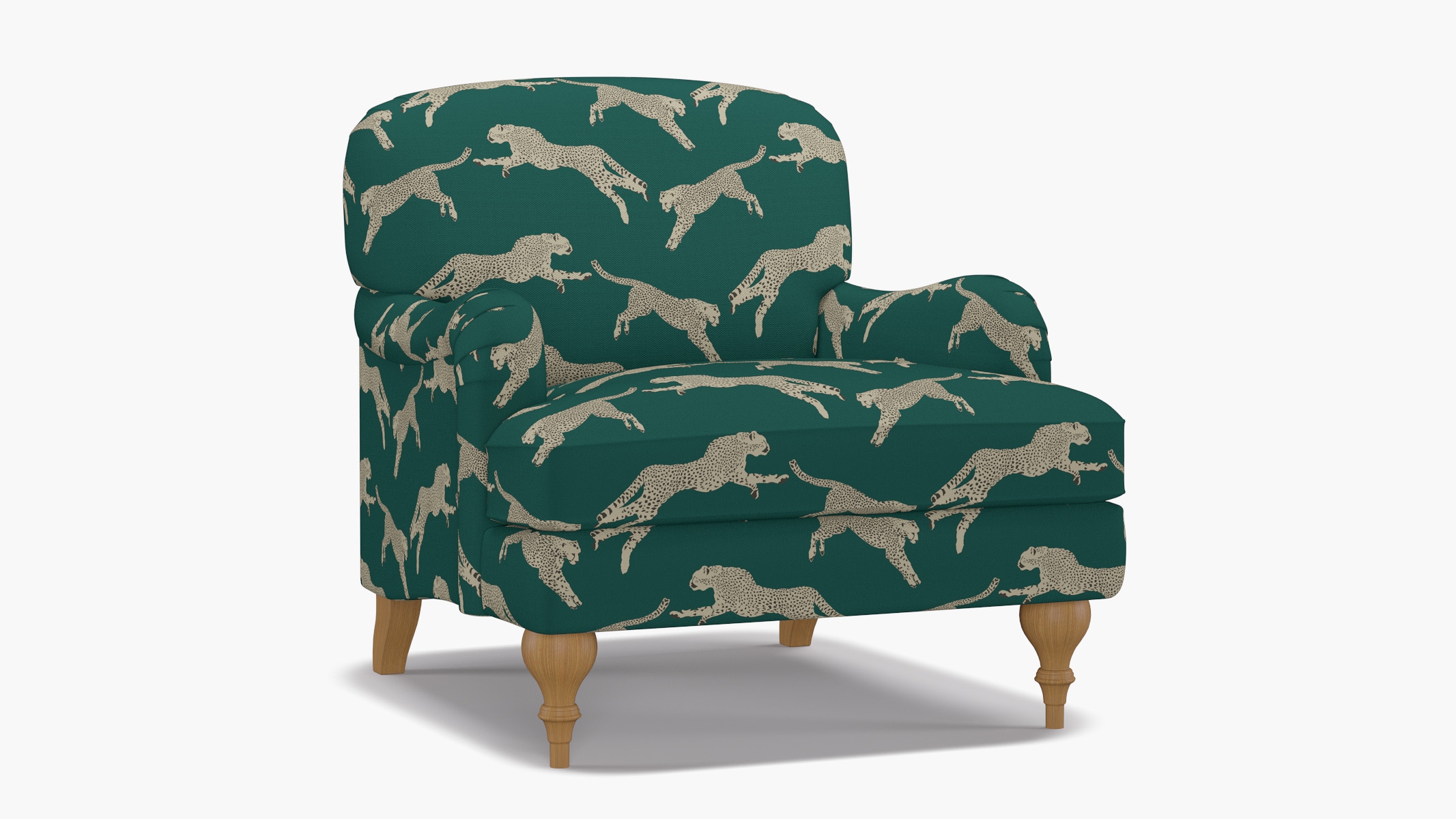 English Roll Arm Chair, Polo Green Cheetah, Natural Turned Wood Leg - Image 1