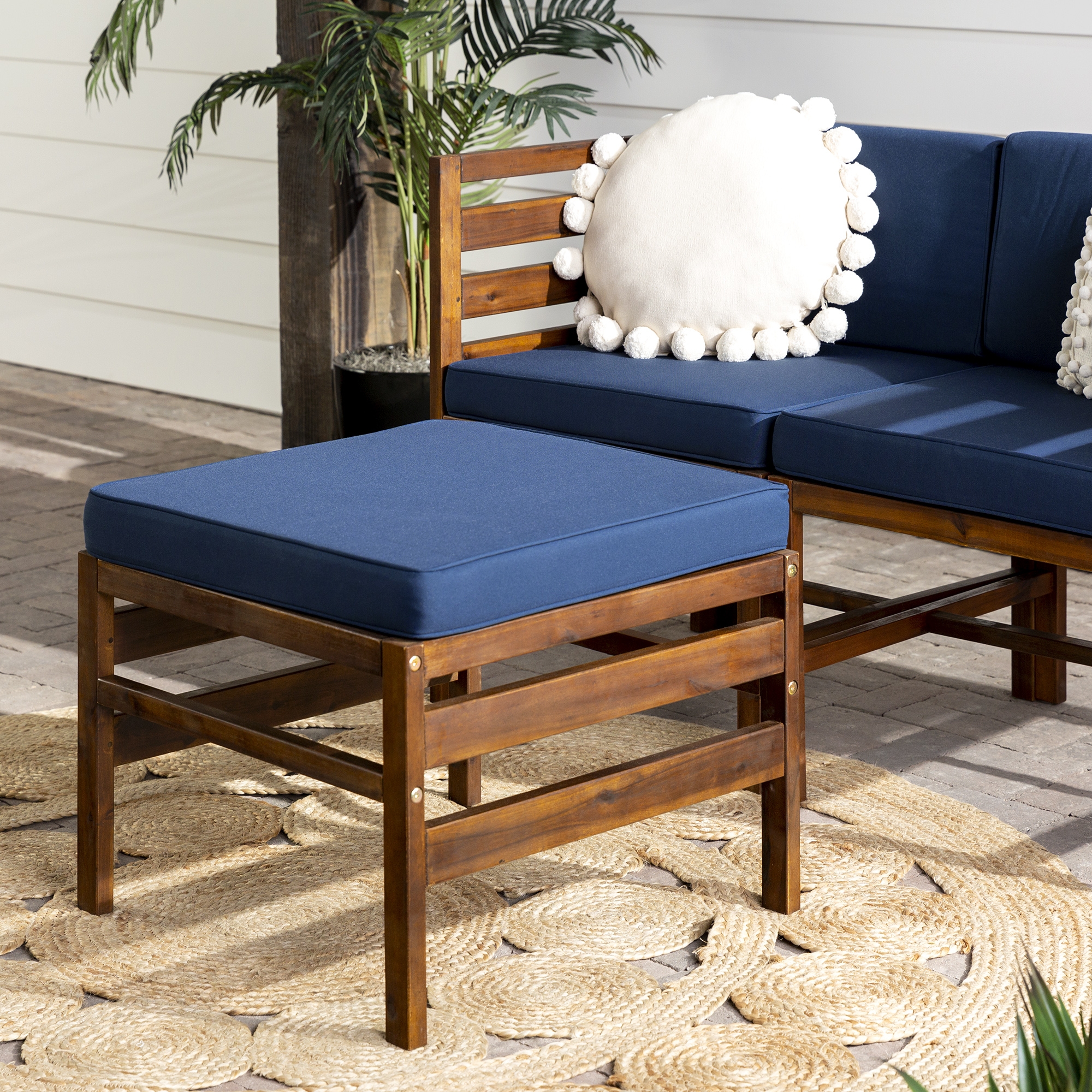 Sanibel Modular Acacia Patio Arm Chairs and Ottoman - Dark Brown/Navy Blue  - Image 6