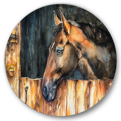 The Head Of A Horse In Stable - Farmhouse Metal Circle Wall Art - Image 0