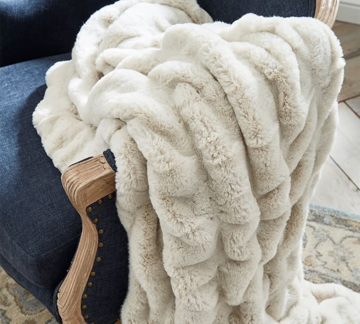 Faux Fur Ruched Throw, Ivory, 50" x 60" - Image 4