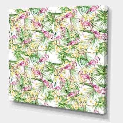 Tropical Foliage, Yellow Flowers With Flamingo II - Modern Canvas Wall Art Print-37051 - Image 0